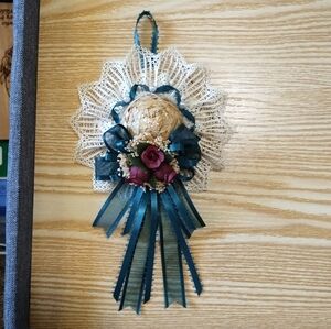 Teal and Tan Decorative Wall Accent with Lace Hat and Flower Detail